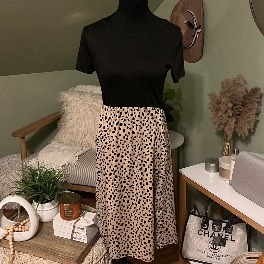 Black Top with Beige Leopard Midi Dress